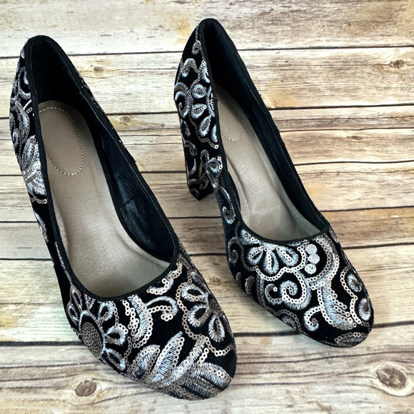 Womens Black & Gray Floral Sequins and Embroidered Block Heel Pumps Shoes 10 - Picture 1 of 8